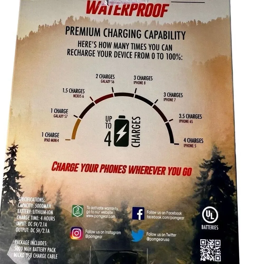 POM Gear Ranger IPX6 Rated Waterproof Power Bank Battery Pack Portable Charger